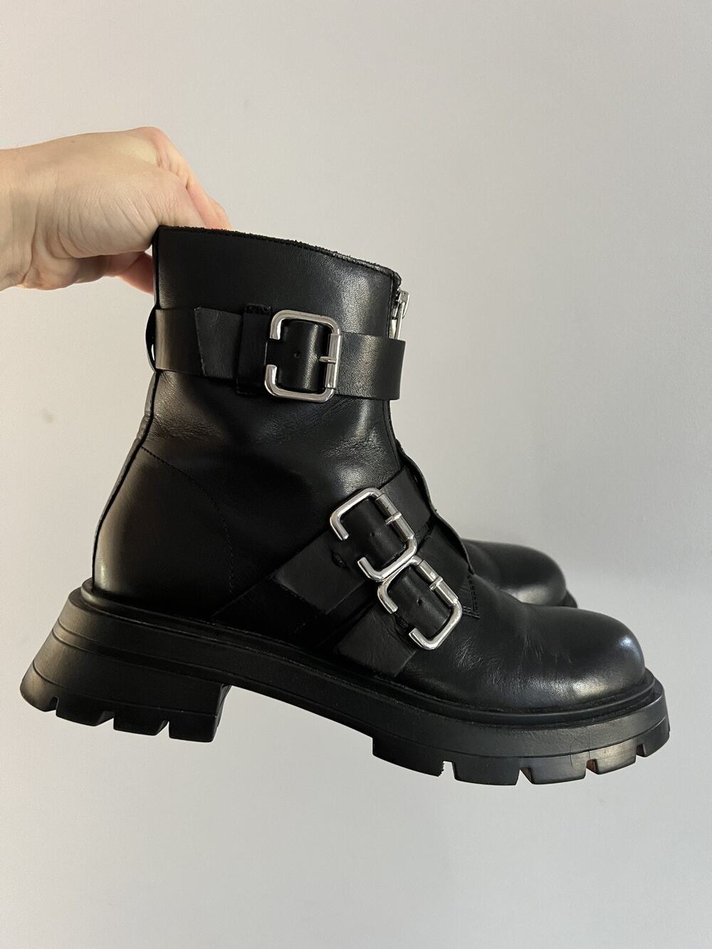 Zara Low Heel Leather Lug Sole Boots with Buckles Size 38